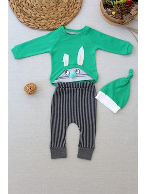 Lokiboo 3-6 6-9 9-12 Ay Şımarık Tavşan Nakışlı Şapkalı Uzun Kollu Sweat 3lü Kız-Erkek Bebek Takımı