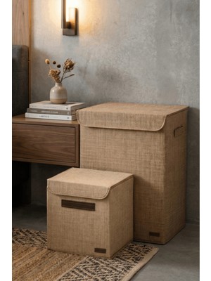 HomyJRs Homyjr’s 2’li Jüt Kapaklı Saklama Kutusu Seti (Büyük + Küçük) Dolap Içi Organizer