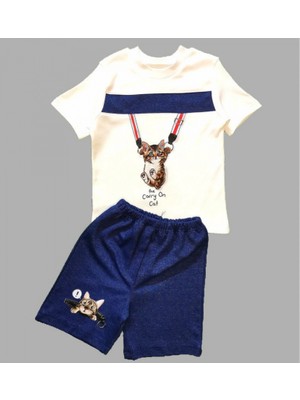 Lokiboo 1-2-3 Yaş Fermuarlı Kedi Baskılı Şortlu Kısa Kollu Tişört 2li Erkek Bebek Takımı