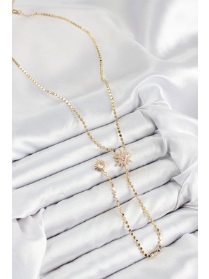 Lokiboo Pirinç Zirkon Taşlı Ezme Zincirli Kutup Yıldızı Model Gold Renk Y Kolye - TJ-BKO10469