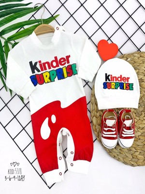 Lokiboo 3-6-9-12 Ay Kinder Surprise Baskılı Çıtçıt Kapamalı Şapkalı 2li Kız Erkek Bebek Tulumu