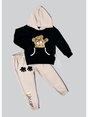 Lokiboo 2-3-4 Yaş Pelüş Ayı Desenli Kapşonlu Uzun Kollu Penye Sweat 2li Erkek Çocuk Takımı