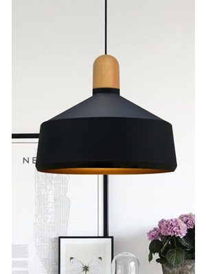 Normadia Geniş Siyah Ahşap Tekli Avize, Modern ve Şık Oturma Odası Aydınlatması