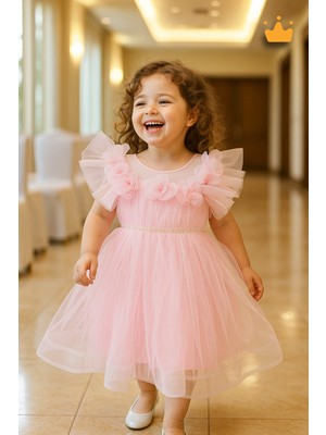 Baby Hola 2-8 Yaş Gül Yakalı Grenli Kabarık Tül Kız Bebek Çocuk Abiye Elbise Bayramlık Gelinlik Pembe 3502