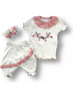 Lokiboo 6-9 9-12 12-18 Ay Çiçek Nakışlı Roman Şalvar Bandanalı Kısa Kollu Sweat 3lü Kız Bebek Takımı