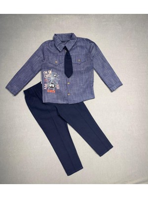 Lokiboo 3-4-5 Yaş Kravatlı Keten Gömlek Gabardin Pantolon Uzun Kollu 3lü Erkek Çocuk Takımı