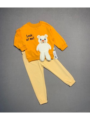 Lokiboo 2-3-4 Yaş Ayıcık Sallanan Ayak Desenli Likra Penye Kumaş Sweat Pantolonlu Kız Erkek 2li Çocuk Takımı