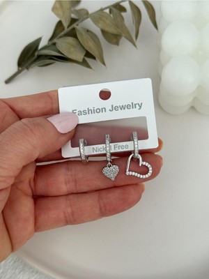 Miliva Ithal Kalpli Küpe Set | 3'lü Küpe Seti | Zirkon Taşlı Kalp Küpe | Ithal Küpe