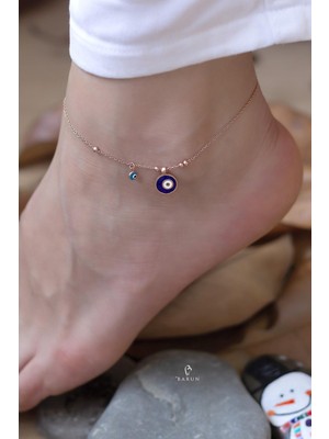 By Barun Göz Nazar Yuvarlak Lacivert Mine 925 Ayar Gümüş Halhal Rose HL-0014