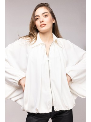 Saade Beyaz Oversize Balon Kollu Fermuarlı Dökümlü Gömlek - Cepli Std