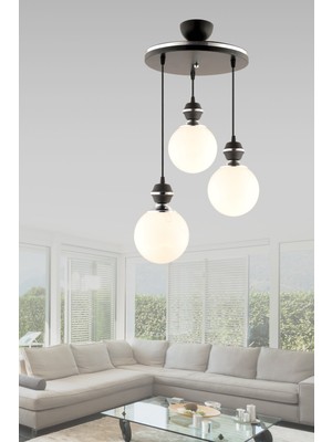 Normadia Şık 3'lü Yuvarlak Camlı Modern Salon Avizesi Siyah Krom Detaylı