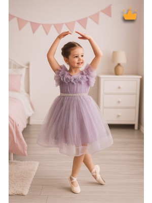 Baby Hola 2-8 Yaş Gül Yakalı Grenli Kabarık Tül Kız Bebek Çocuk Abiye Elbise Bayramlık Gelinlik Lila 3502