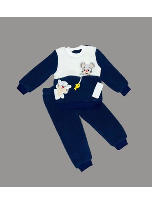 Lokiboo 1-2-3 Yaş Sallanan Balık Nakışlı Kuzu Kumaş Sweat Pantolon Uzun Kollu Kız Erkek 2 Li Takımı