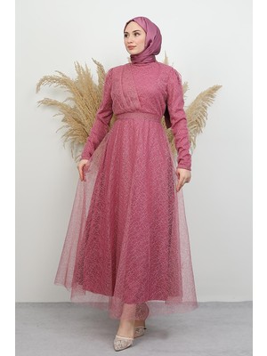 Düş Simli Abiye Koyu Pembe