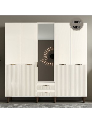 Comiet Defne 5 Kapak Ayaklı Tasarım Aynalı Country  Mdf Gardırop