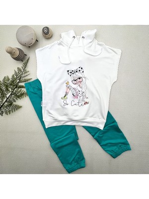 Lokiboo 3-4-5 Yaş Kapşonlu Sevimli Kız Baskılı Kısa Kolu 2li Kız Erkek Çocuk Takımı