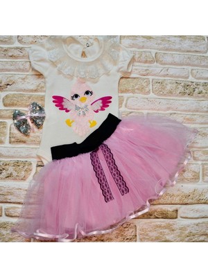 Lokiboo 9-12-18 Ay Toka Hediyeli Kuş Desenli Tişört Tütü Etek 2li Kız Bebek Takımı