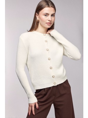 Saade Ekru Bisiklet Yaka Inci Düğmeli Fitilli Triko Hırka Std