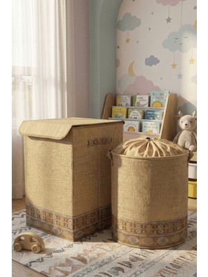 HomyJRs Homyjr’s 2’li Saklama Seti (Kapaklı Büyük Kutu + Büzgülü Fileli Sepet) Jüt Görünümlü Organizer