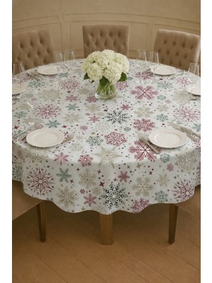 Rona Home Yılbaşı Kar Tanesi Desenli Şık Yuvarlak Masa Örtüsü - Premium Kalite Dökümlü ve Solmaz Kumaş