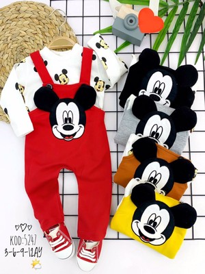 Lokiboo 3-6-9-12 Ay Mickey Figürlü Uzun Kollu Baskılı Sweatli 2li Kız Erkek Bebek Salopet Takımı
