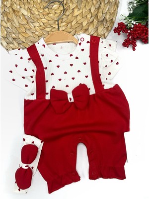 Lokiboo 3-6-9-12 Ay Bandanalı Piti Kalp Baskılı Salopet Görünümlü 2li Kız Bebek Takımı