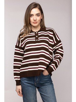 Saade Kahverengi Çizgili Polo Yaka Düğmeli Triko Kazak Std