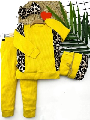 Lokiboo 2-3-4-5 Yaş Bandanalı Leopar Baskılı Uzun Kollu 2li Kız Çocuk Takımı