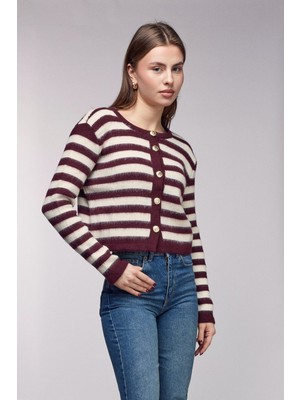 Saade Bordo Çizgili Gold Düğmeli Bisiklet Yaka Hırka Std