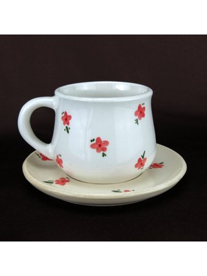 Özel Birşey Çiçek Desenli Seramik Fincan & Tabak Seti - El Boyaması