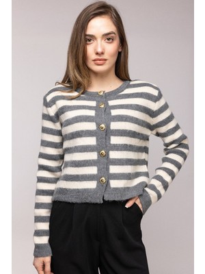 Saade Gri Çizgili Gold Düğmeli Bisiklet Yaka Hırka Std