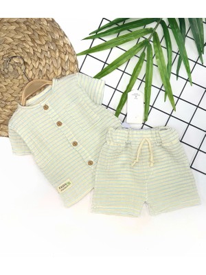 Lokiboo 9-12-18-24 Ay Düğme Detaylı Çizgili Müslin Kumaş Yazlık 2li Erkek Bebek Takımı