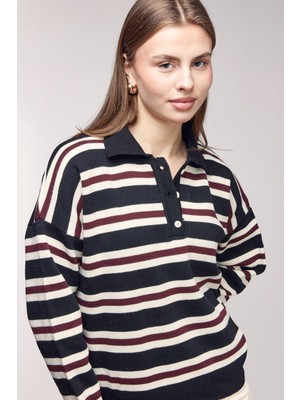 Saade Siyah Çizgili Polo Yaka Düğmeli Triko Kazak Std