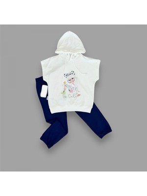 Lokiboo 3-4-5 Yaş Kapşonlu Sevimli Kız Baskılı Kısa Kolu 2li Kız Erkek Çocuk Takımı