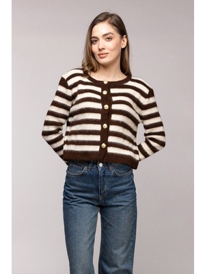 Saade Kahverengi Çizgili Gold Düğmeli Bisiklet Yaka Hırka Std