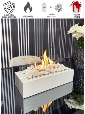 Mondelux Premium Metal Masaüstü Beyaz Şömine - Dekoratif Taş ve Yakıt Hediyeli