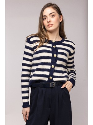 Saade Lacivert Çizgili Gold Düğmeli Bisiklet Yaka Hırka Std