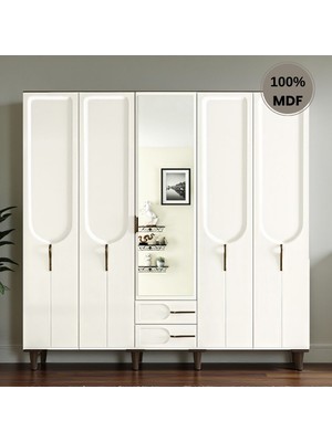 Comiet Asya 5 Kapak Ayaklı Tasarım Aynalı Country Mdf Gardırop