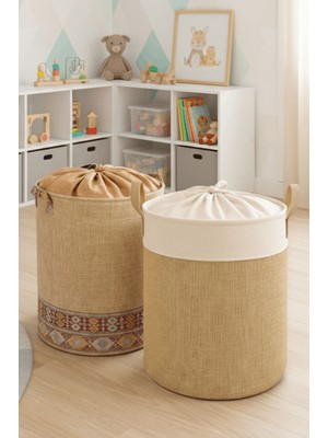 HomyJRs Homyjr’s 2’li Fileli Yuvarlak Sepet Seti (Bohem + Beyaz Garnili) Oyuncak ve Çamaşır Sepeti