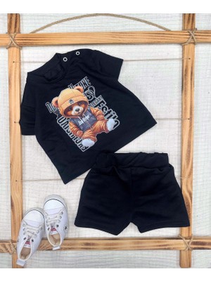Lokiboo 9-12-18-24 Ay Dansçı Ayıcık Baskılı Şortlu Kısa Kollu Tişört 2li Erkek Bebek Takımı