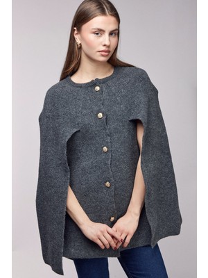 Saade Antrasit Bisiklet Yaka Gold Düğmeli Panço-Pelerin Std