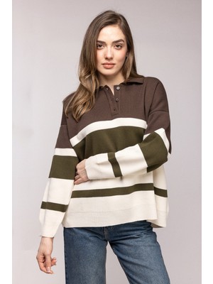 Saade Kahverengi Renk Bloklu Çizgili Polo Yaka Oversize Kazak Std
