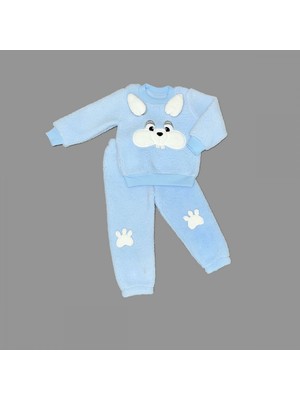 Lokiboo 1-2-3 Yaş Kulaklı Tavşan Figürlü Kuzu Kumaş Sweat Pantolon Uzun Kollu Kız Erkek 2 Li Takımı