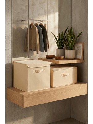 HomyJRs Homyjr’s 2’li Saklama Seti (Kare Kapaklı Kutu + Fermuarlı Destekli Hurç) Dolap Içi Organizer - Krem/ekru