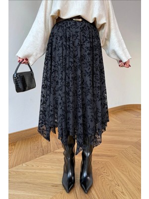 Uzer Flok Baskılı Asimetrik Kesim Yeni Sezon Midi Boy Tül Etek