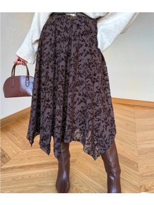 Uzer Flok Baskılı Asimetrik Kesim Yeni Sezon Midi Boy Tül Etek