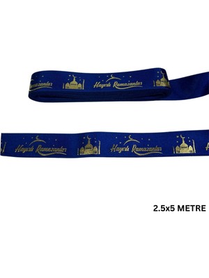 Roco Paper Co. Hayırlı Ramazanlar Yazılı Hediye Paketleme Kurdelesi, Altın Varak Lacivert Saten Kurdele, 2.5cm x 5m