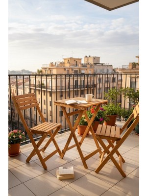3'lü Ahşap Bistro Set - 2 Kademeli Katlanır Masa ve Sandalye