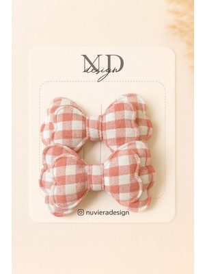 Nuviera Design Pembe Ekose Desenli Fiyonk Saç Tokası Klipsli - 2'li Set