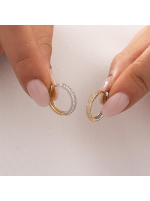 Hakan Mücevherat Çift Taraflı Taşlı Sarı ve Beyaz 14 Ayar Altın Halka Küpe 2 cm